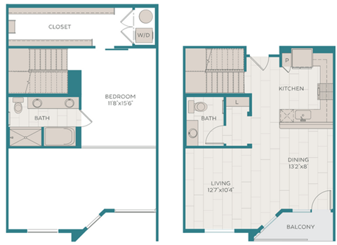 Floor plan for 1 bed, 1.5 baths, 1196 sqft